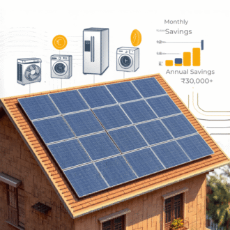 Solar panels powering air conditioner Rooftop solar for home appliances Solar system for AC and fridge Residential solar installation Andhra Pradesh Solar energy savings infographic